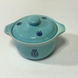 Vintage Cronin Blue Tulip Mini Casserole/Sugar Bowl with Lid Bake Oven USA 1950s